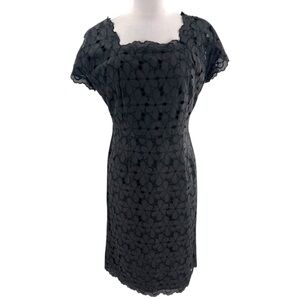 Vintage Modern Lady 1950s black cotton floral cutwork embroidered wiggle dress